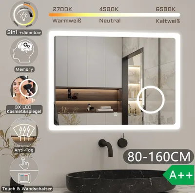 A modern bathroom with a large illuminated mirror above a black sink.