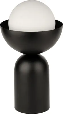 A black table lamp with a white spherical shade.