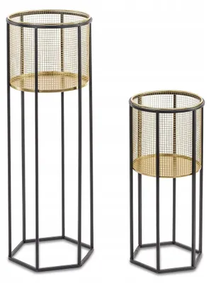 Produktbild von Styldekor Metall-Blumentopf Schwarz Gold mit Ständer Set 2 Stück