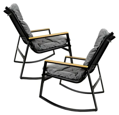 Produktbild von 2er Set Schaukelstuhl Schwingsessel Relax-Stuhl Sitzmöbel – aus Stahl Polyester - Farbe: Gestell: Dunkelbraun – Auflage: Grau
