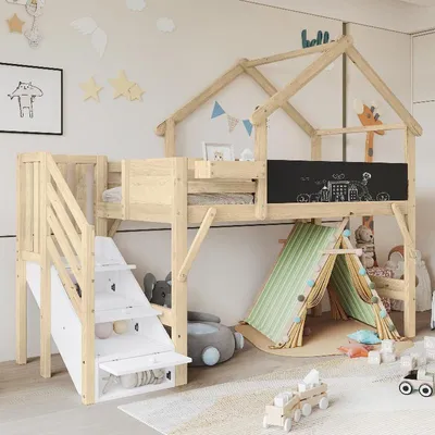 Produktbild von Etagenbett 90x200 cm Weiß Natur aus Kiefer MDF Sperrholz mit Fallschutz, Dachdesign und Stauraumtreppe für Kinderzimmer