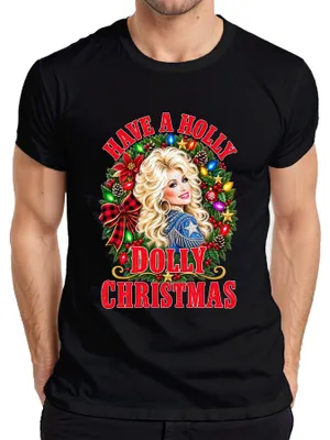 Zdjęcie produktu dla Koszulka męska "Have A Holly Dolly Christmas" w stylu country, z motywem świątecznym, czarna, rozmiar S