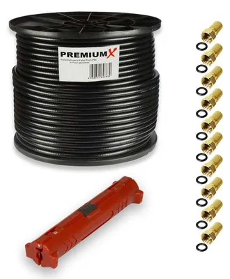 Produktbild von PremiumX 100m PROFI Koaxialkabel Schwarz CU 135dB 10x F-Stecker Abisolierer