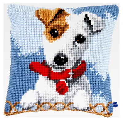 Produktbild von Kreuzstich Stickpackungen Kissen Stickerei Set für Anfänger, vorgedruckt, Jack Russel, DIY Set, kreatives Set für Erwachsene, dekoratives Kissen ca. 40 x 40 cm, Bastelset für Handwerker, Hausdekoration