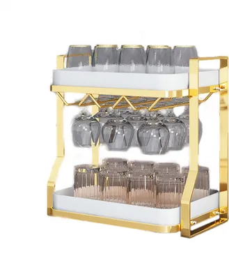 Produktbild von Heikoeco® Tassenhalter stehend,weinglashalter hängend, mit Weinglashaltern und Tabletts ausgestattet (2 Ebene, Weiß und Gold)