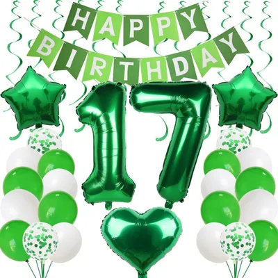 Productafbeelding van Ballonnen voor een 17e verjaardag, groene set met slinger en folieballon met het cijfer 17