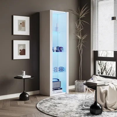 Produktbild von ODIKALO Standvitrine Hochglanz Vitrine LED Glasböden Hochschrank Lagerschrank Weiß/Schwarz