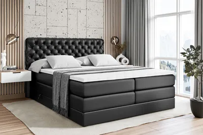 Produktbild von ALTDECOR Boxspringbett mit 2 Matratzen und Topper - 180x200 cm - BOXI8 KING - Schwarz Kunstleder - Polsterbett mit, H3- und H4- Matratzen, Bettkasten und Lattenrost, Bett mit Stauraum