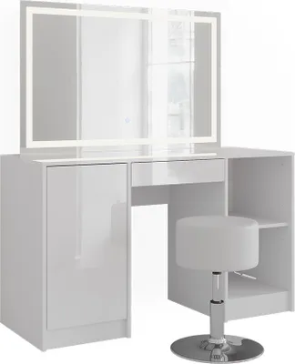 Produktbild von Schminktisch Vicco Sherry Weiß/Weiß Hochglanz 128.2 cm mit LED-Spiegel und Hocker, Model 57624