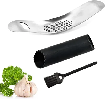 Produktbild von Knoblauchpresse Set 3-teilig, Edelstahl Knoblauchschneider, Knoblauchschäler, Reinigungsbürste, für Küche