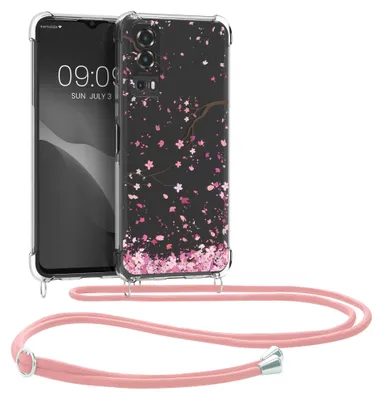 Obrázek produktu pro kwmobile Pouzdro na náhrdelník kompatibilní s Vivo Y72 5G / Y52 5G Case - Silikonový kryt s řetízkem na mobilní telefon - růžový tmavě hnědý průhledný Cherry Blossom Petals