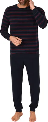 Produktbild von Eleganter Herren langarm Frottee Schlafanzug Pyjama mit Bündchen - auch in Übergrößen ; marine/rot , 52