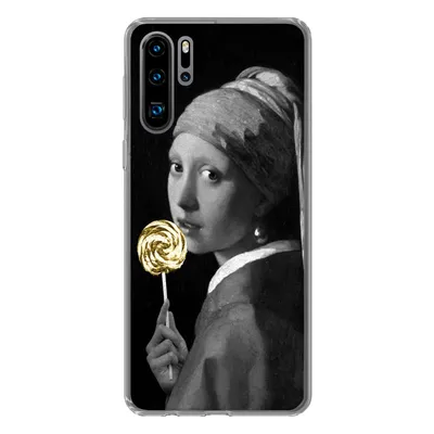 Produktbild von MuchoWow® Handyhülle Schutzhülle Hülle für Huawei P30 Pro Mädchen mit Perlenohrring - Lollipop - Schwarz und Gold Silikon Softcase Handy Hülle - Schutzdeckel