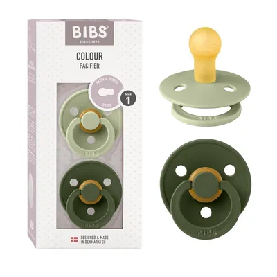 Produktbild von BIBS Colour Schnuller 2er-Pack, BPA-frei, Kirschform Nippel. Naturkautschuk / Latex, Hergestellt in Dänemark. Größe 1 (0-6 Monate), Sage / Hunter Green