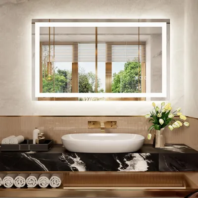 Productafbeelding van LED-spiegel voor de badkamer, 60x90 cm, 3 lichtkleuren, dimbaar, anti-condens, touchbediening, IP44