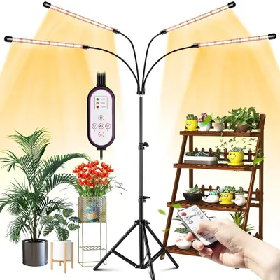 Obrázok produktu pre LED lampa na rastliny 4 hlavy s plným spektrom svetla pre rastliny 3 režimy svetla stmievateľné skleníkové svetlo s časovačom a stojanom