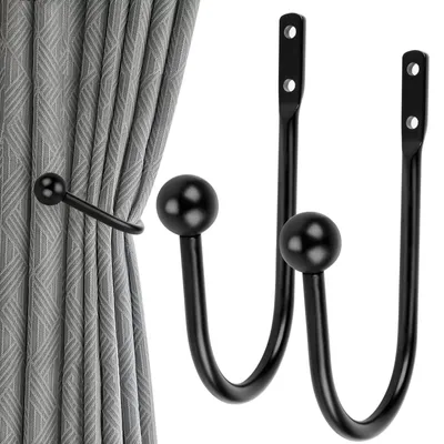 Produktbild von Wandmontierte Gardinenhalter, 2 Stück, Metall, schwarz, U-förmig, mit Quasten