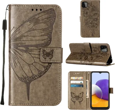 Produktbild von Galaxy A22 5G Hülle, Schmetterling Prägung Flip Leder Kartenfächer Schutzhülle Ledertasche mit Ständer für Samsung Galaxy A22 5G Grau