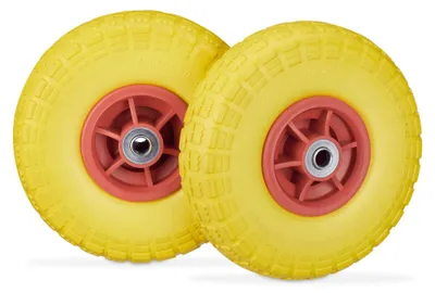 Image de 8 roues pour diable, pneus en caoutchouc plein anti-crevaison, 4.1/3.5-4", axe de 16 mm, charge max. 150 kg, H x P : 26 x 8,5 cm, jaune/rouge