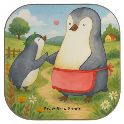 Produktbild von Mr. & Mrs. Panda Untersetzer für Gläser Pinguin mit Kind Design - Weiß - Geschenk, Mom, Mama, Familie, bieruntersetzer, Muttertag, Vorbild, gläseruntersetzer, Coaster