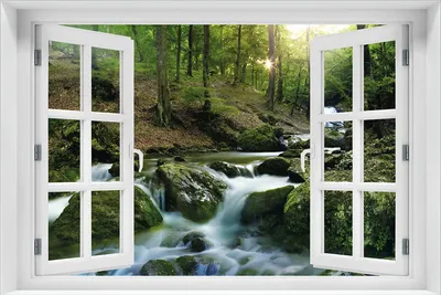 Produktbild von Wallario Premium Glasbild mit Fensterrahmen, freischwebende Optik, kräftige Farben, Größe 60 x 90 cm Motiv Fließender Bach im Wald bei Sonnenuntergang