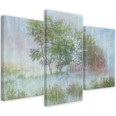Produktbild von Triptychon auf leinwand bäume auf einer nebligen wiese 150x100 cm Feeby grün wandbild bereit zum aufhängen