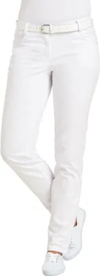 A person wearing white pants and white shoes, standing against a white background.