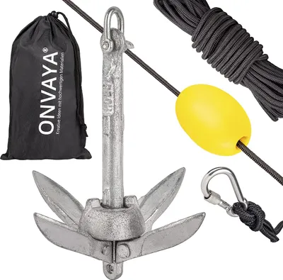 Produktbild von ONVAYA® Bootsanker | 0,7 kg | Klappanker | Set inklusive Ankerleine mit Karabiner, Ankerboje und Transportbeutel | Faltanker | Anker für Boot, Schlauchboot, SUP, Kajak, Kanu