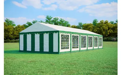 Produktbild von Partyzelt 5x12 m STANDARD – PVC-Plane 500 g/m², flammhemmend, verzinkte Stahlrohre Ø38 mm, bis 120 Personen - Grün-Weiß