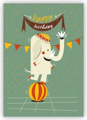 Produktbild von Süße Retro Geburtstagskarte mit buntem, balancierendem Zirkus Elefanten: Happy Birthday