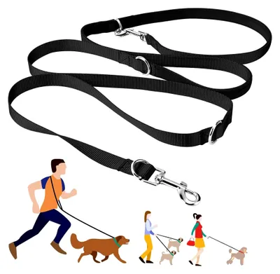 Produktbild von Freihandleinen für kleine und mittelgroße Hunde, verstellbare Hundeleine 2,5 m, Nylon Doppelleine mit 2 Karabinern in Schwarz