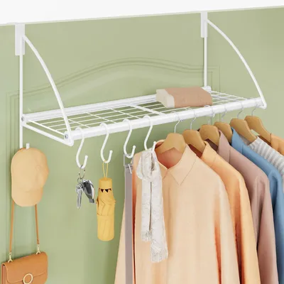 Produktbild von Türkleiderhaken Türgarderobe Wandgarderobe - Ausziehbar - Weiß - Mit Ablage und 6 Haken - Für Bad und Schlafzimmer