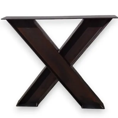 A dark brown metal table leg base shaped like an 'X'.