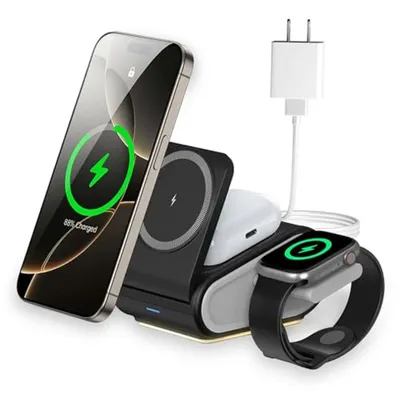 Produktbild von 15W Schnellladen Ladestation, 4-in-1 magnetische kabellose , faltbar, für Smartphone, Smartwatch & Kopfhörer, mit LED Nachtlicht, ideal für Reisen