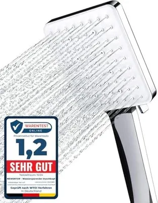 A close-up of a shower head with water spraying out, accompanied by a product review badge.