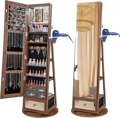 Produktbild von Drehbarer Schmuckschrank mit Ganzkörperspiegel, Schmuckorganizer mit LED-Beleuchtung, Haartrocknerständer, Spiegelschrank Schmuck mit Schublade & Ablagen, für Schlafzimmer (Braun)