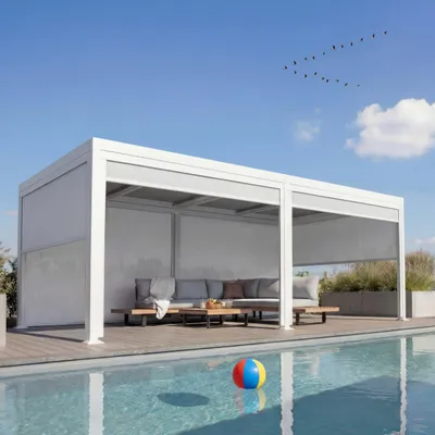 Produktbild von Alu Pergola HWC-L41 mit 6x Seitenwand, Lamellen-Pavillon, stabiles 8cm-Metall-Gestell 3x6m  weiß