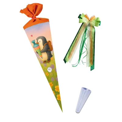 Produktbild von Nestler Schultüte Pinguins Zuckertüte, 70 cm rund mit Filz, inkl. Schleife und Spitzenschutz