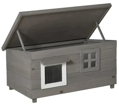Produktbild von Katzenhaus aus Holz für drinnen und draußen | Farbe: Grau/Weiß/Schwarz | Abmessungen: 52x87x44 cm