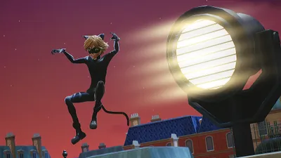 A cartoon character in a black suit jumps in front of a spotlight with a city skyline in the background.