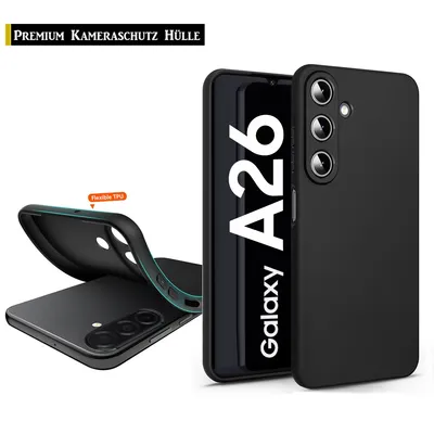 A black phone case is shown with a phone inside, displaying the 'Galaxy A26' model. Another case is shown bent to demonstrate flexibility.