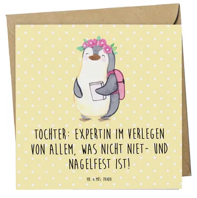 Produktbild von Mr. & Mrs. Panda Glückwunschkarte Tochter Expertin - Gelb Pastell - Geschenk, Grußkarte, Chaos, Freude, Einfallsreichtum, Liebenswert, Familie, Humor, Klappkarte