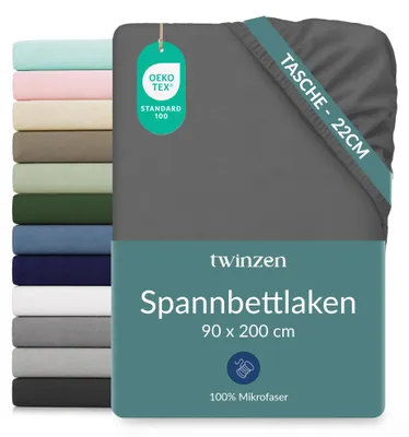 Productafbeelding van Twinzen spreihoes met elastiek, microvezel, 90x200 cm, donkergrijs, boordhoogte 25 cm