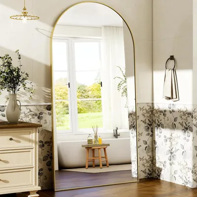 Zdjęcie produktu dla Lustro łukowe na całą sylwetkę 71 x 30 cali, wolnostojące, oparte lub do montażu na ścianie, rama aluminiowa, do salonu, toalety dla gości