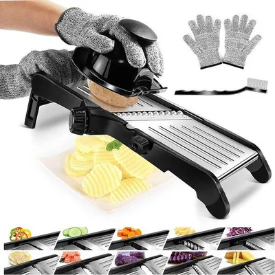 Image de Coupe-légumes multifonctionnel en acier inoxydable - Couteau dentelé - Gants et brosse de nettoyage