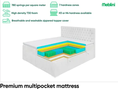 Produktbild von MEBLINI Boxspringbett mit Bettkasten - Gepolstert Doppelbett mit Matratze und Topper - Polsterbett mit Stauraum - Bett mit Kopfteil - Stauraumbett - ROYAL - 200x200 - H4/Hellgrau Samt