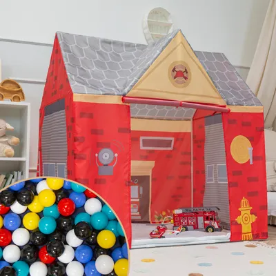 Produktbild von Selonis Spielhaus Spielzelt Feuerwehrhaus Mit 100 Bälle Faltbares Für Kinder Realistisches Design Langlebige Und Sichere Leicht Zu Montieren Drinnen Und Draußen, Rot-Grau:Schwarz/Wieß/Blau/Rot/Gelb/Türkis