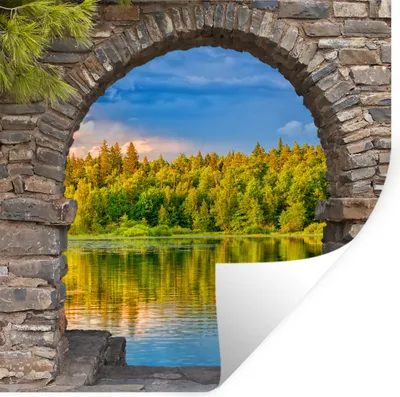 Produktbild von MuchoWow® Wandtattoo Wandsticker Wandaufkleber Bäume - Wald - Wasser - Aussicht 50x50 cm Selbstklebend und Repositionierbar - Selbstklebend - Fototapeten