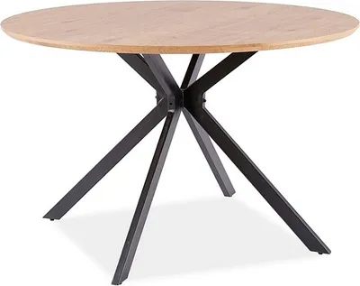 A round dining table with a wooden top and a black metal base.
