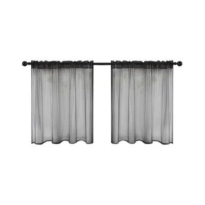 Two sheer black cafe curtains hanging on a rod.